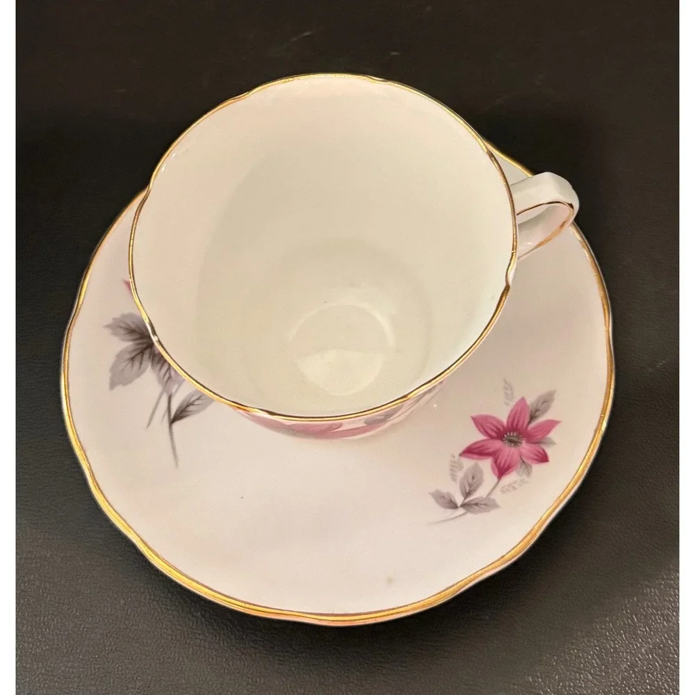 Royal Kent Staffordshire Teacup Saucer Pink Clematis Floral Gold Trim Bone China